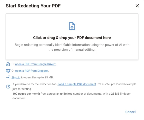 El diálogo Empieza a censurar tu PDF con la zona de carga y las opciones de Google Drive, Dropbox y documento de muestra