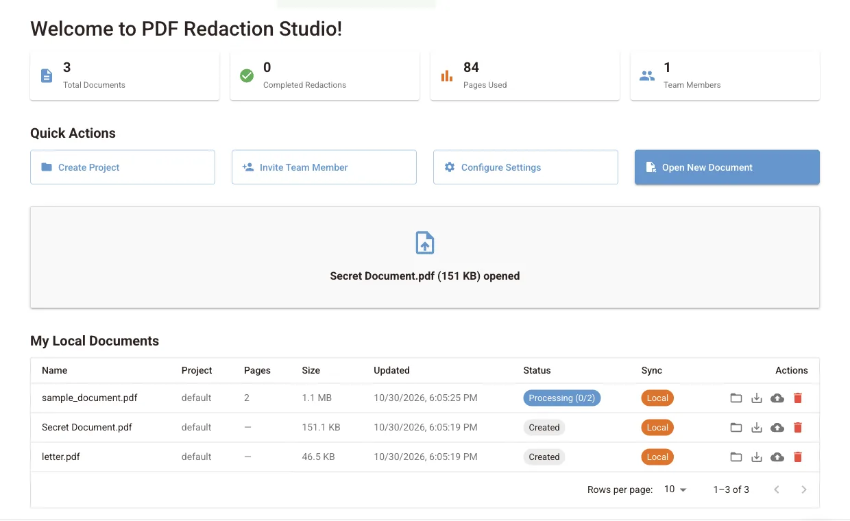 Three documents added: one Processing, two waiting with the status Created