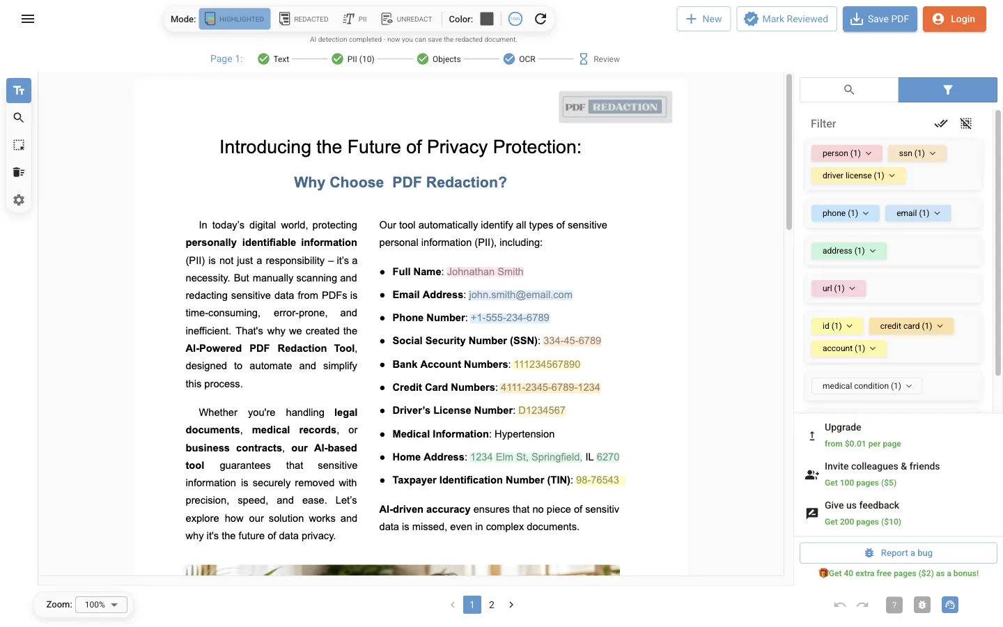 Modo Destacado con nombres, correos, teléfonos e identificaciones coloreados por tipo y el filtro de PII con la lista de tipos