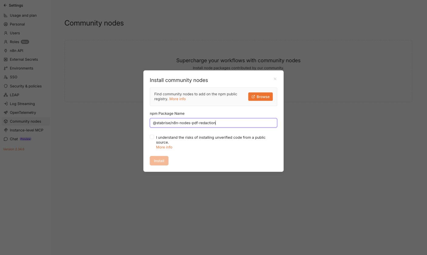 Install community node dialog with the package name filled in