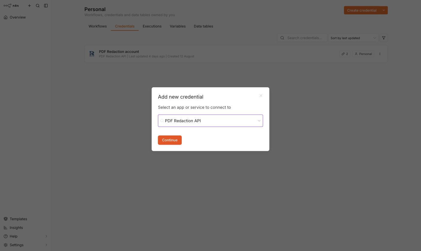Selecting the PDF Redaction API credential type