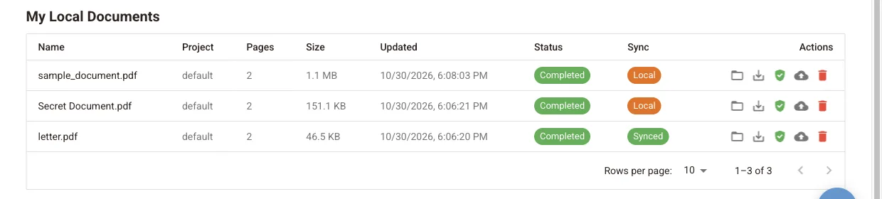 My Local Documents with three completed documents, two Local and one Synced