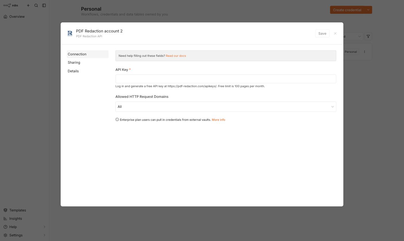 Empty PDF Redaction API credential form with a hint pointing to where to generate a key