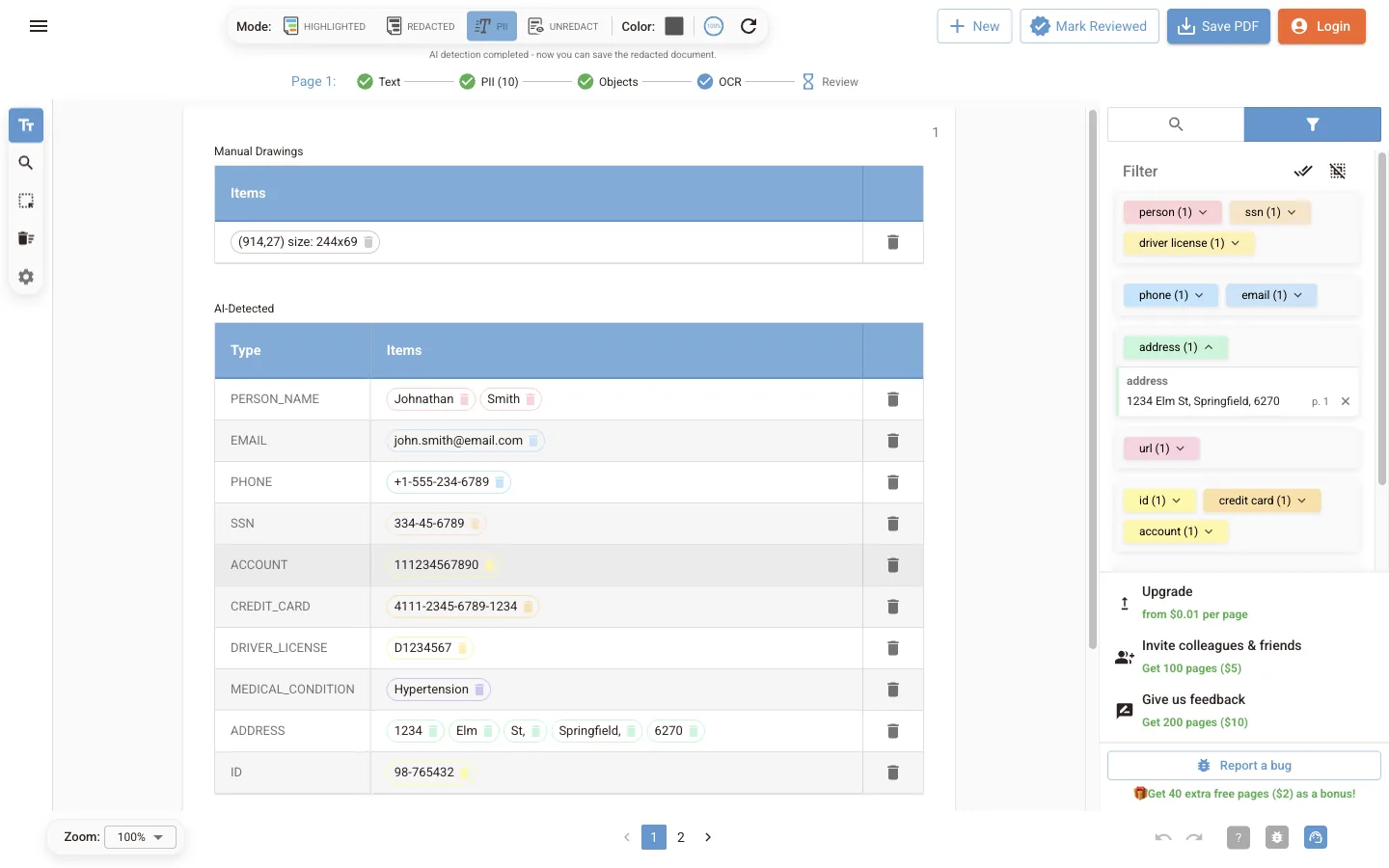 PII mode: a table of findings by type with delete buttons