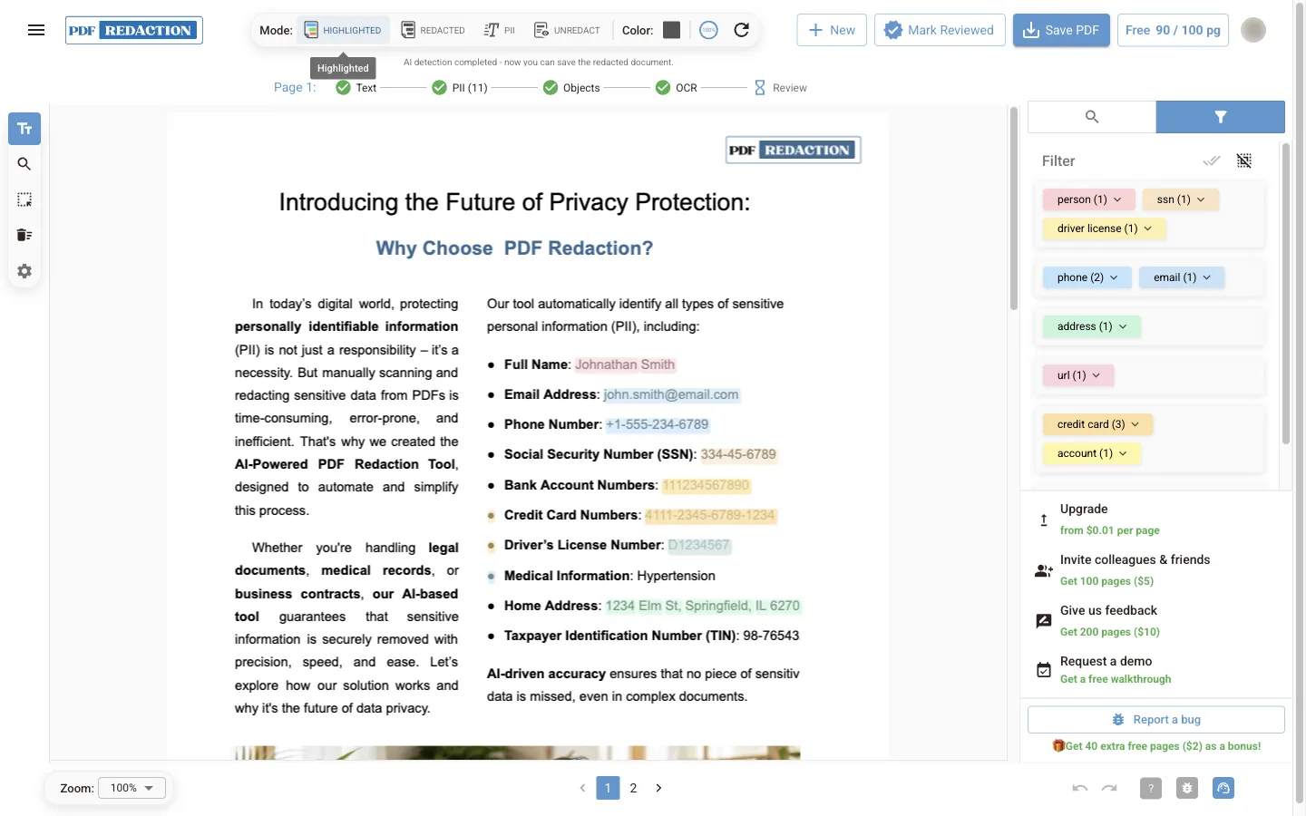 A Studio document open in the redaction editor with personal data highlighted by type