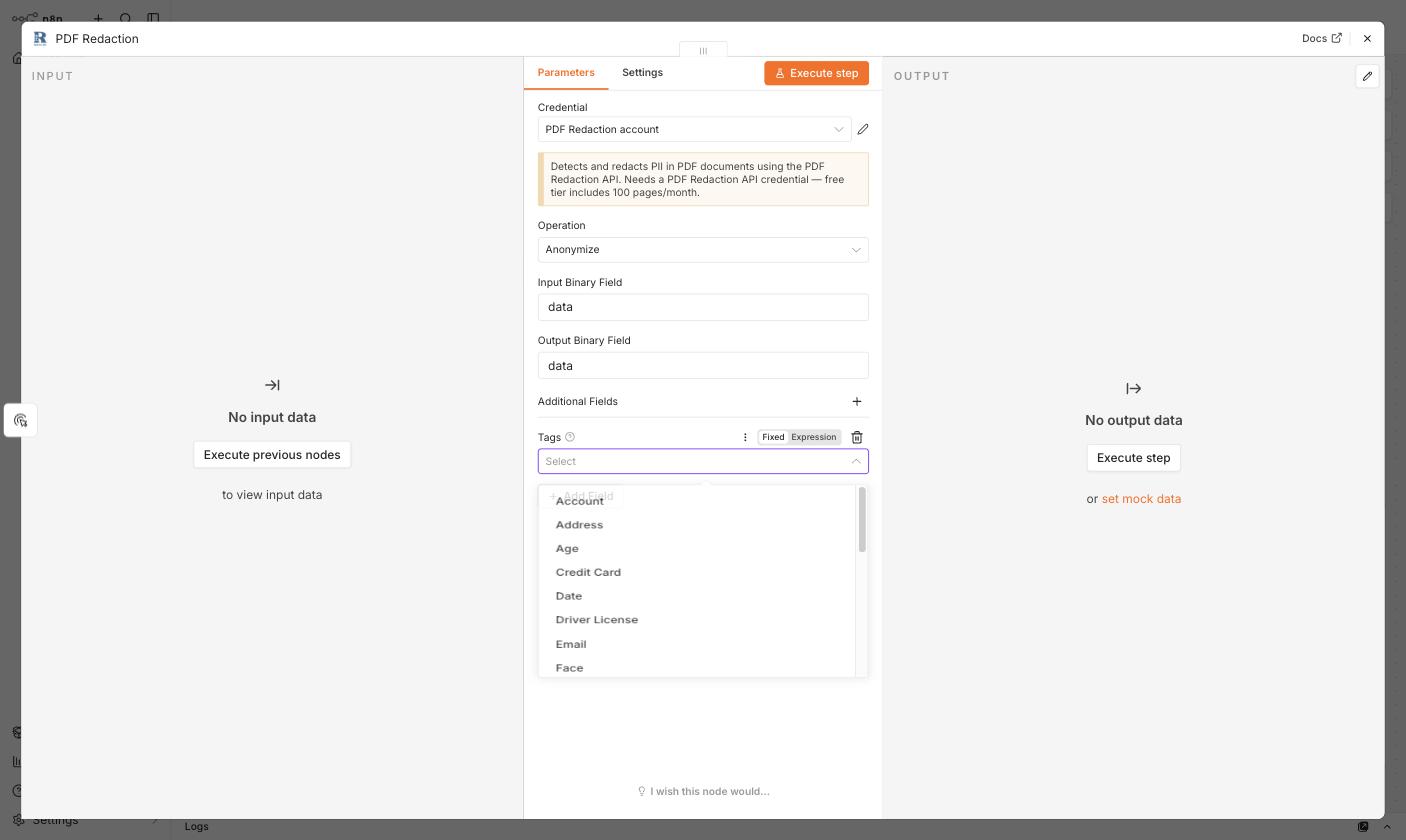 Tags dropdown showing selectable PII types