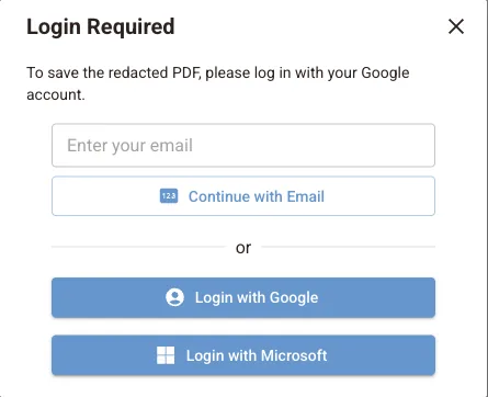 Diálogo Inicio de sesión requerido con opciones de correo electrónico, Google y Microsoft