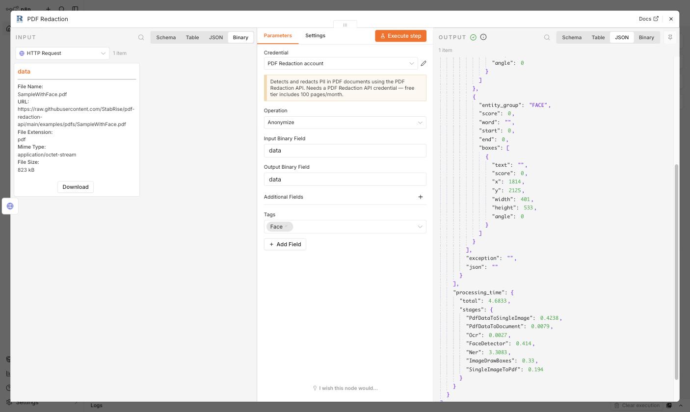 Output JSON panel showing detected_pii FACE entities with bounding boxes and processing_time for the anonymize run
