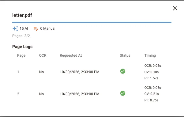 Document details dialog with AI and manual counts and the per-page log