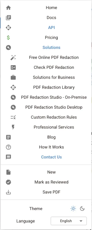 Main menu with site links, document actions, theme switch and language selector