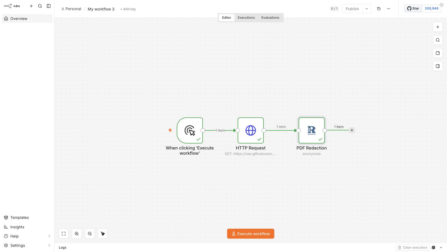 Complete workflow: Manual Trigger → HTTP Request → PDF Redaction, all executed successfully