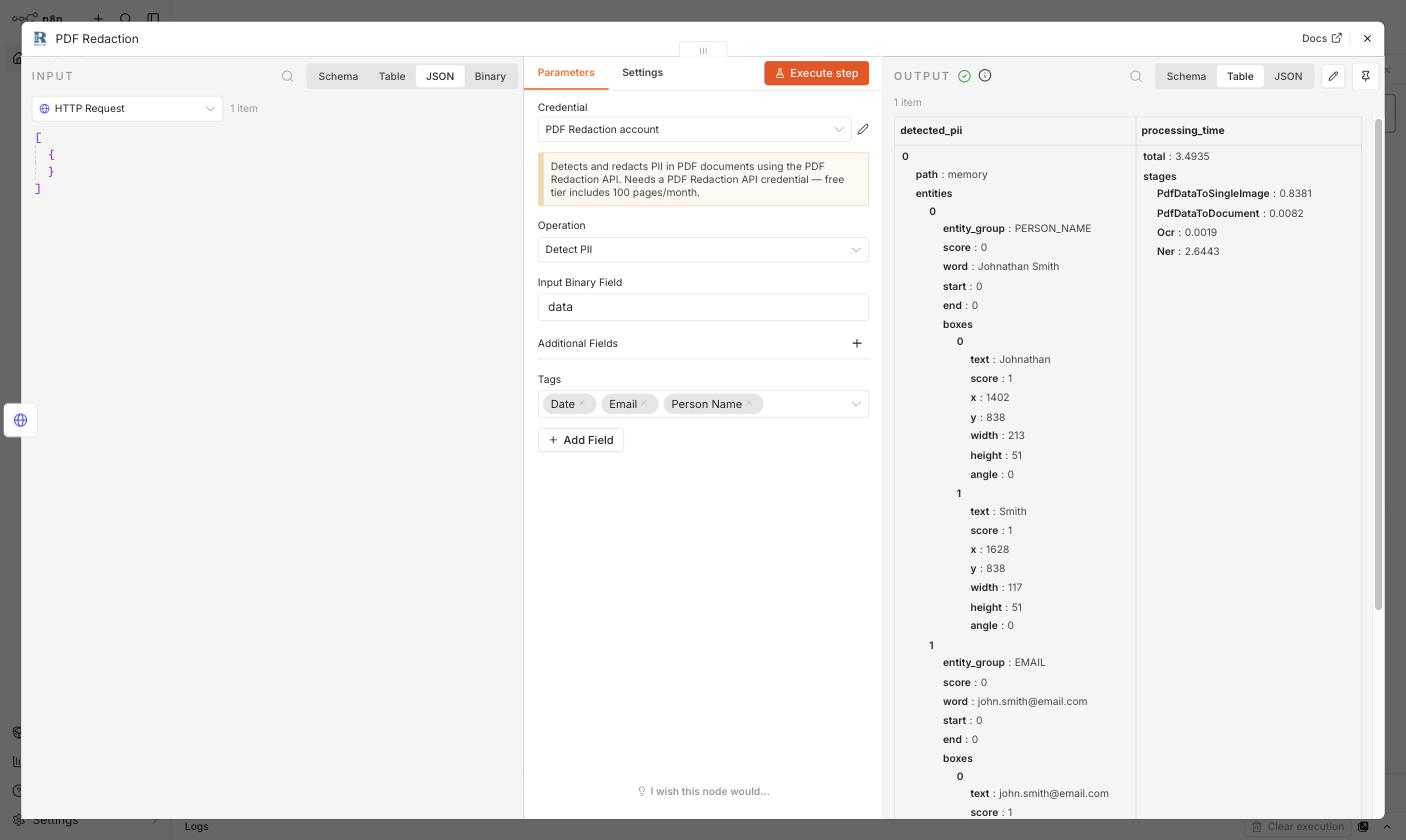 PDF Redaction node configured with the Detect PII operation and Date, Email, Person Name tags