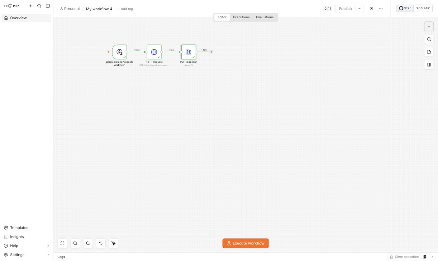 Complete workflow: Manual Trigger → HTTP Request → PDF Redaction (Detect PII), all executed successfully