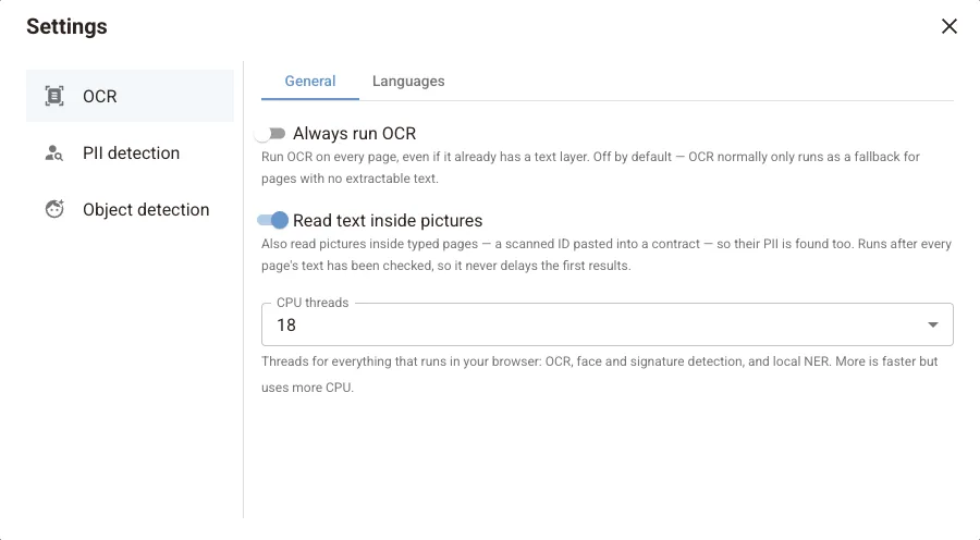 OCR General tab with Always run OCR, Read text inside pictures and CPU threads