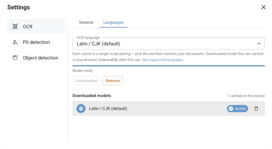 OCR Languages tab with the OCR language selector, model status and list of downloaded models