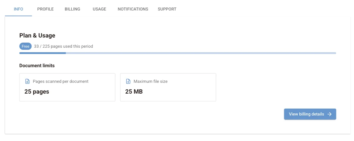 Profile Info tab with plan and usage bar and document limits of 25 pages and 25 MB