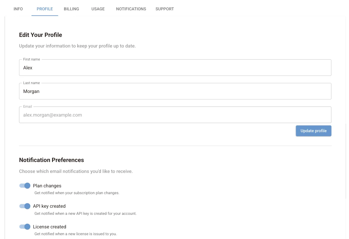 Profile tab with first name, last name and e-mail fields and notification preferences