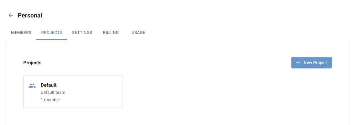 Workspace Projects tab with the Default project and a New Project button