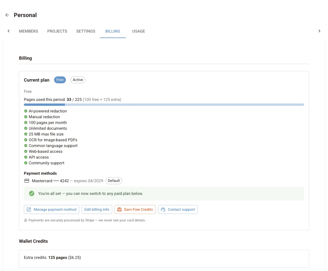 Workspace Billing tab with the current plan, pages used this period, payment method, billing buttons and wallet credits