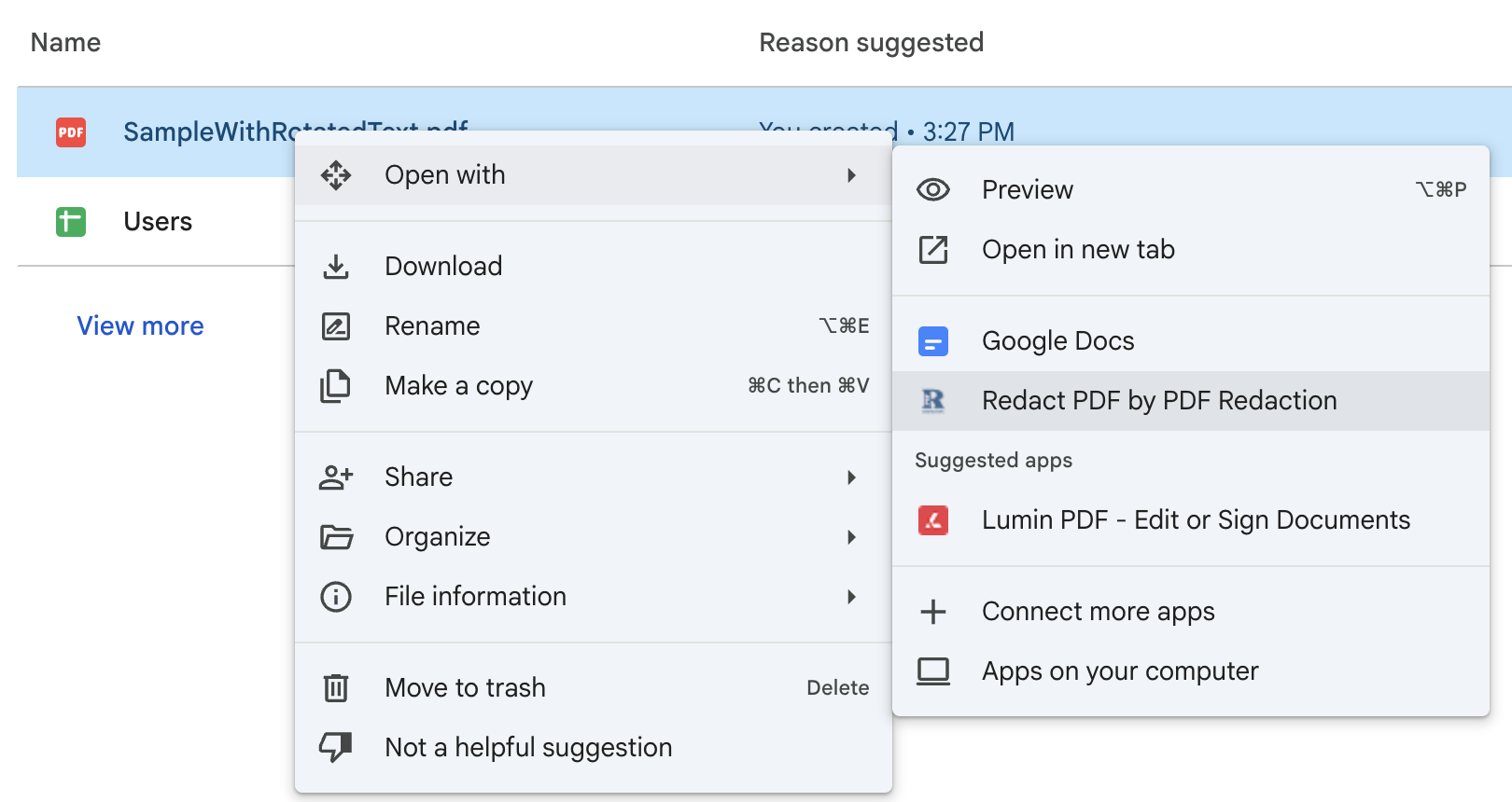 A PDF's right-click menu in Google Drive™ with Open with expanded and Redact PDF by PDF Redaction highlighted