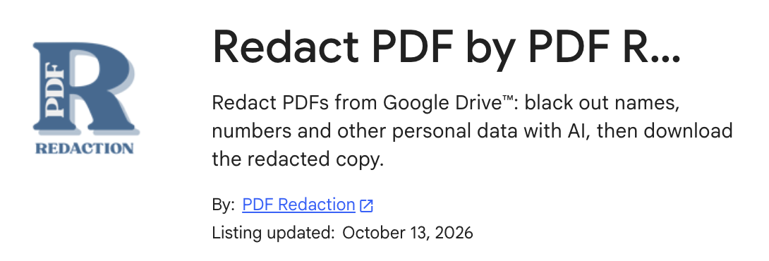 The Redact PDF by PDF Redaction listing in the Google Workspace Marketplace