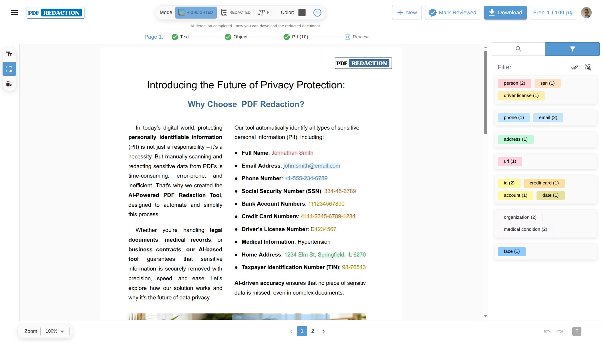Interfejs redakcji PDF Redaction Studio Desktop pokazujący encje PII wykryte przez AI, filtrowane według typu na pasku bocznym