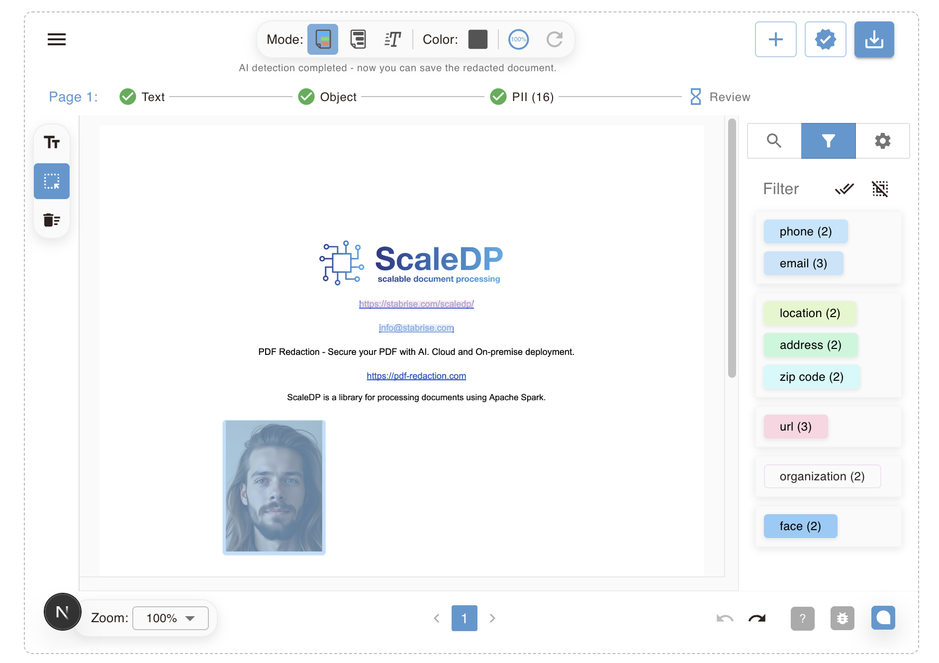 The embedded widget in full editor mode, showing the PII review panel with detected phone, email, location, address, zip code, URL, organization, and face entities