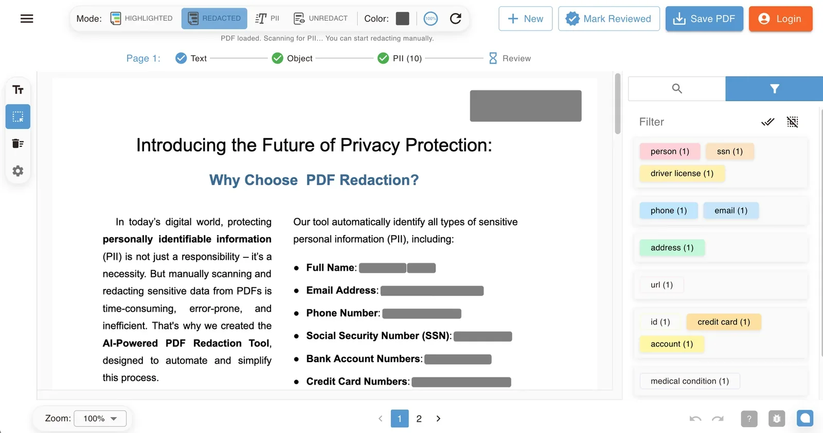 The same sample PDF in the Redacted view, with every detected item covered by a solid redaction box
