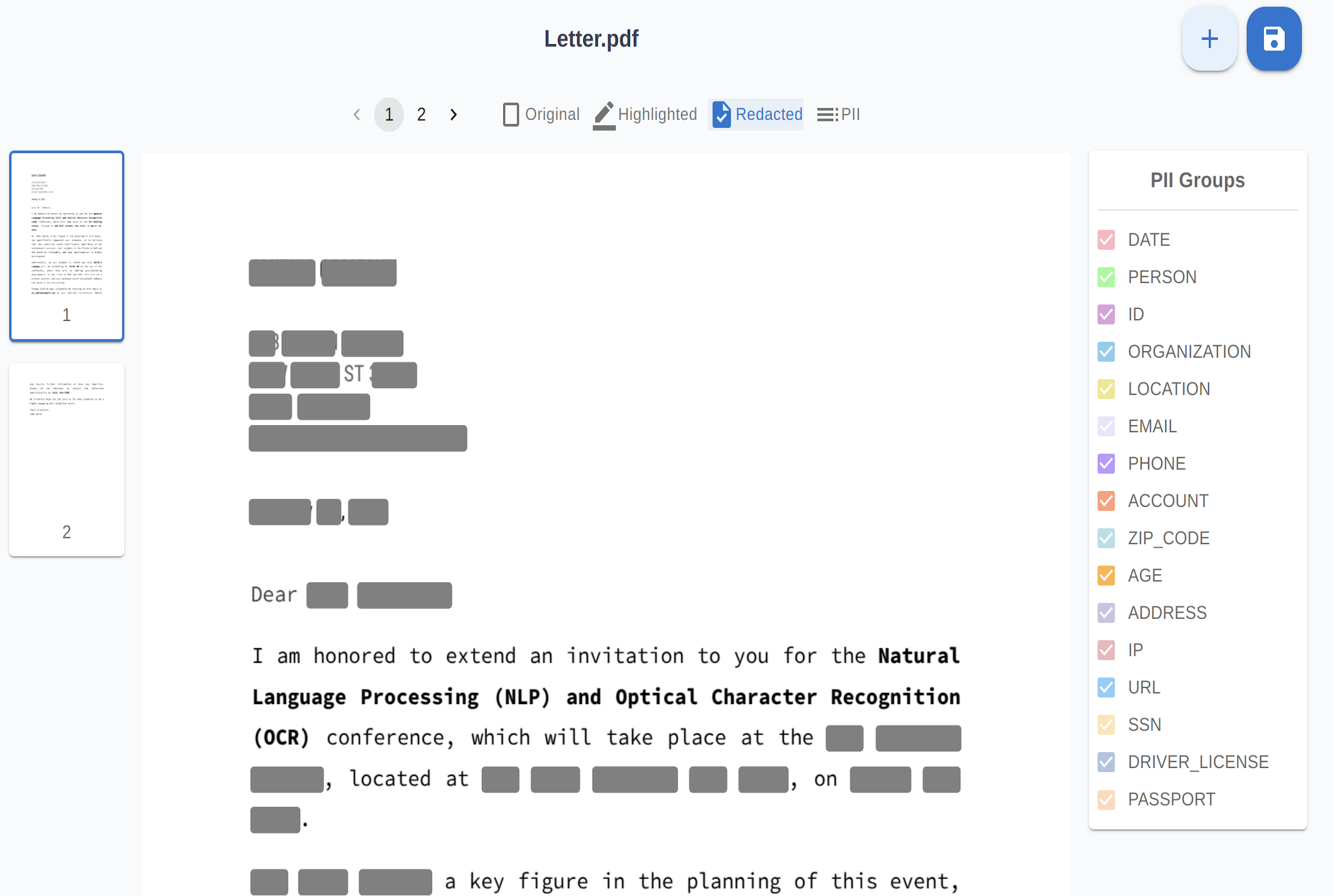 Highlighted sensitive data in a document