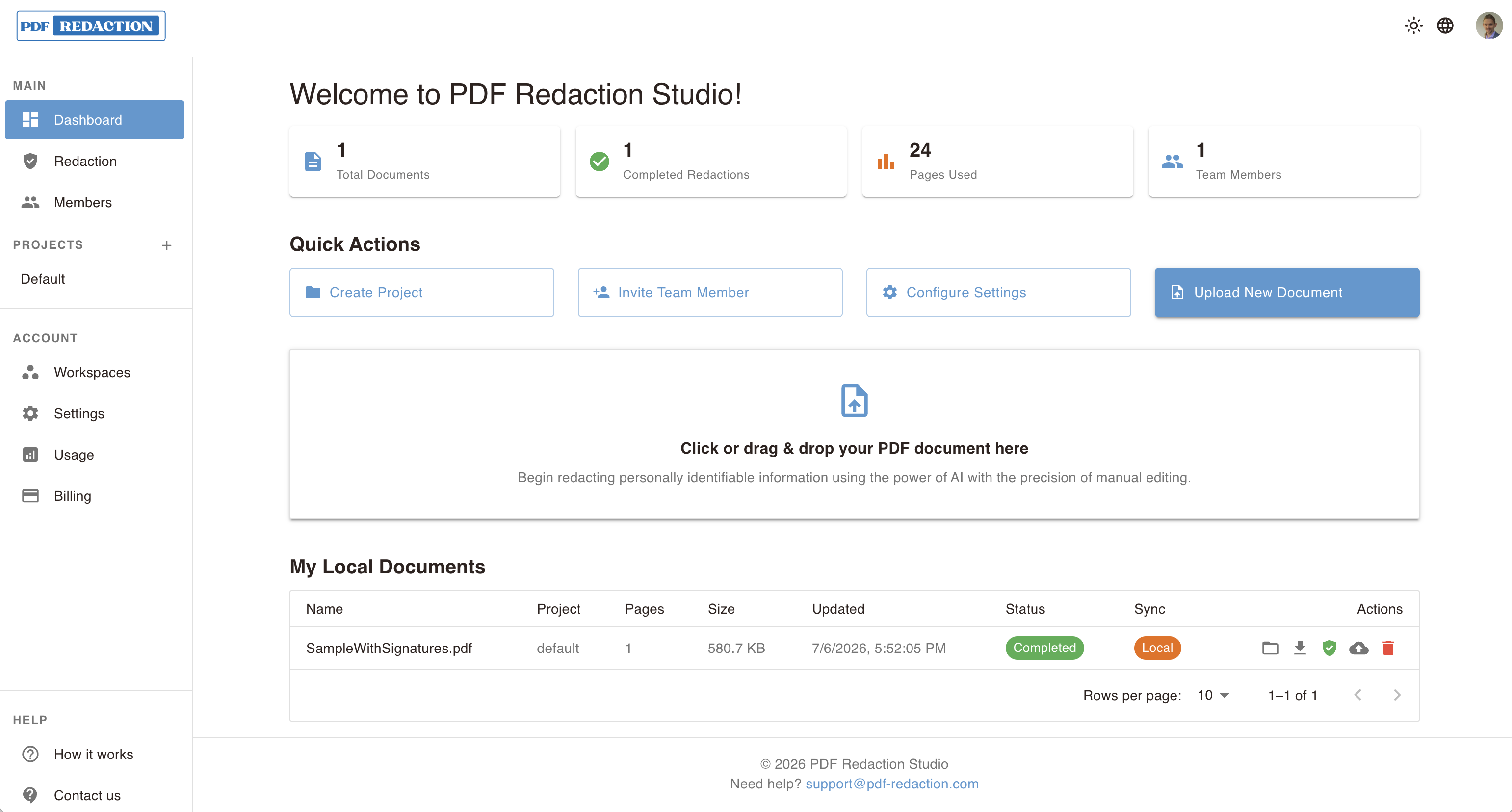 Dashboard von PDF Redaction Studio mit Dokumentenliste, Schnellaktionen und Drag-and-Drop-Upload