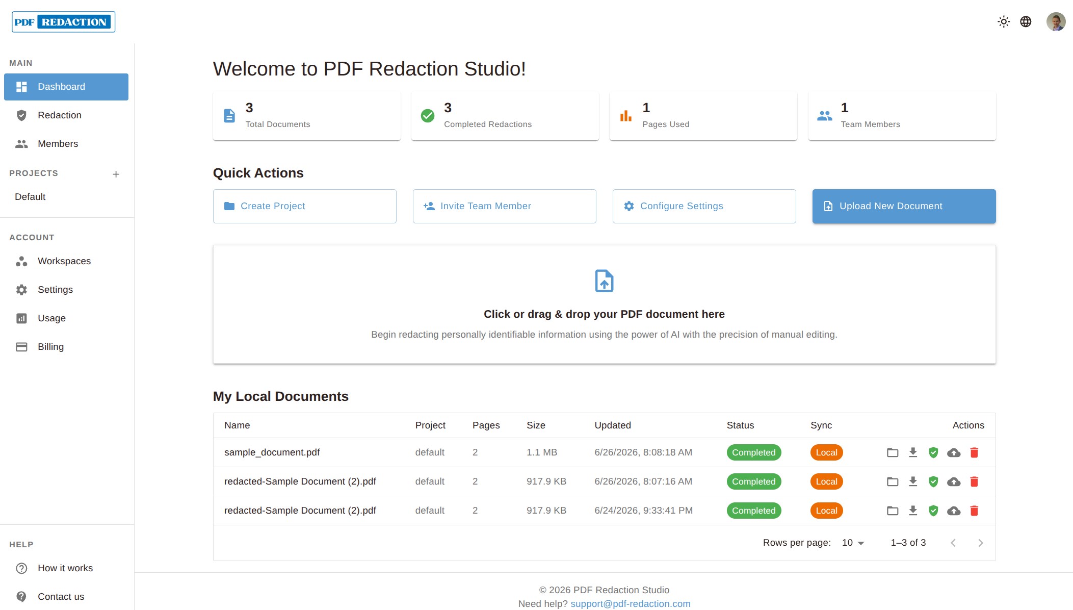 PDF Redaction Studio Desktop dashboard showing document list, quick actions, and drag-and-drop upload